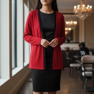 Exclusively Misook Red Scalloped Open Front Cardigan Black Trim Knit Jacket SZ L